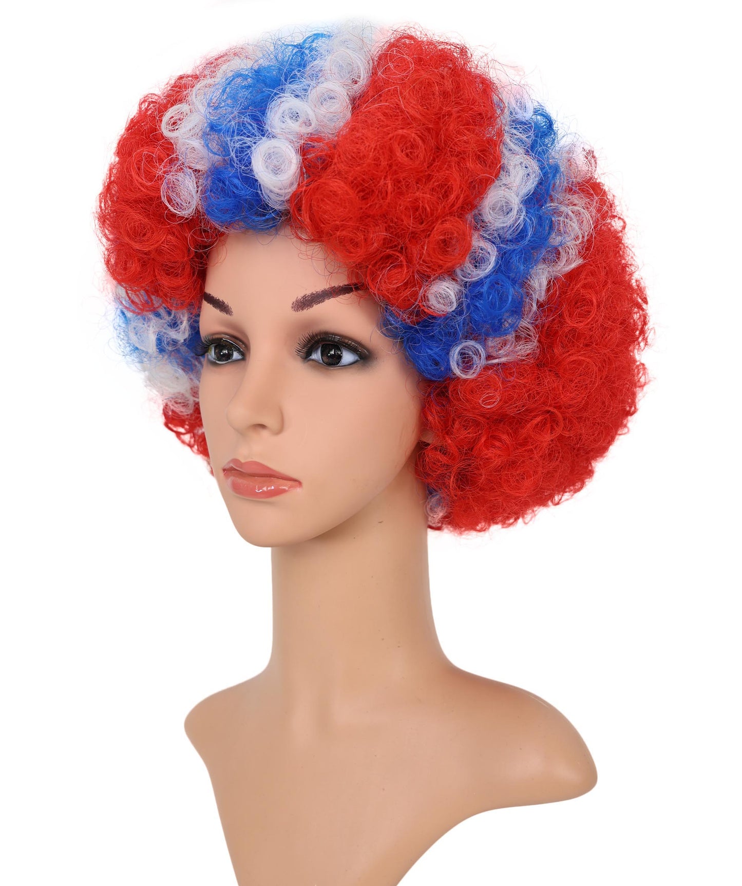 HPO Norway Clown Wig – Red, White & Blue Flag Afro Style | Fun Costume Wig for Sports Fans, National Day, Parties