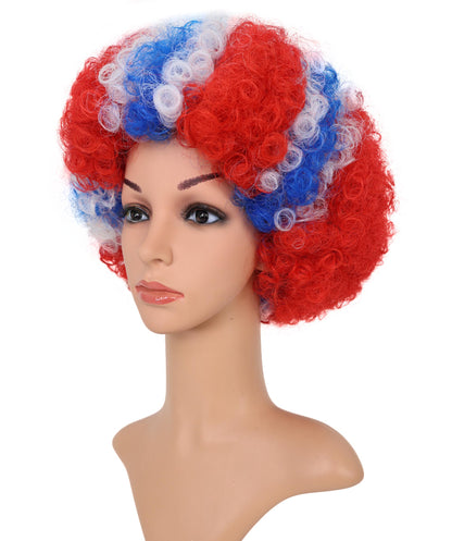 HPO Norway Clown Wig – Red, White & Blue Flag Afro Style | Fun Costume Wig for Sports Fans, National Day, Parties