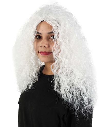 HPO Women’s 21” White Long Curly Wig | High Heat-Resistant Synthetic Costume Hairpiece | Lightweight Breathable Cap for Halloween, Cosplay & Party Dress-Up