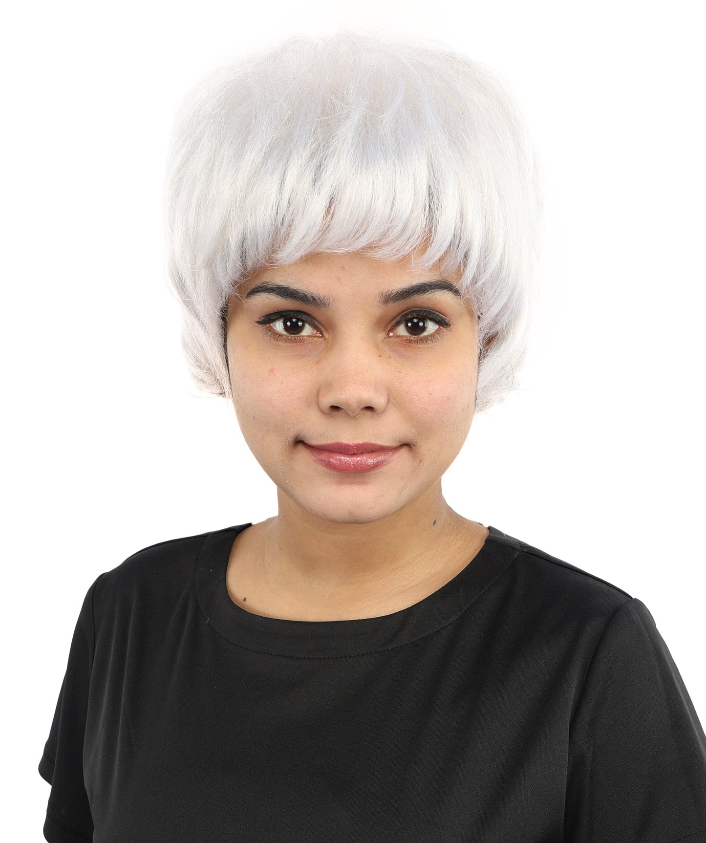 HPO Adult Women's Short Silver White Pixie Wig  | Edgy Layered Cut with Bangs | Synthetic Hair Wig for Stage Fashion, Cosplay, Halloween & Bold Party Looks