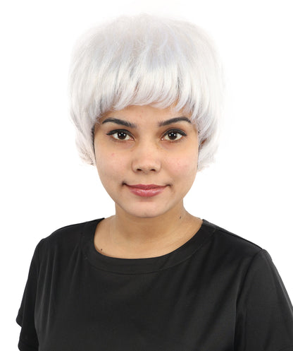 HPO Adult Women's Short Silver White Pixie Wig  | Edgy Layered Cut with Bangs | Synthetic Hair Wig for Stage Fashion, Cosplay, Halloween & Bold Party Looks