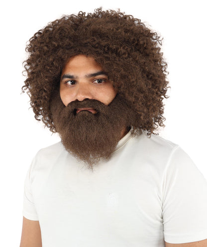 HPO Men's Wild Caveman Orange Wig Beard & Mustache Set | Massive Frizzy Orange Afro and Full Beard Set with Messy Texture | Prehistoric Costume, Viking Cosplay, Halloween, and Funny Party Props