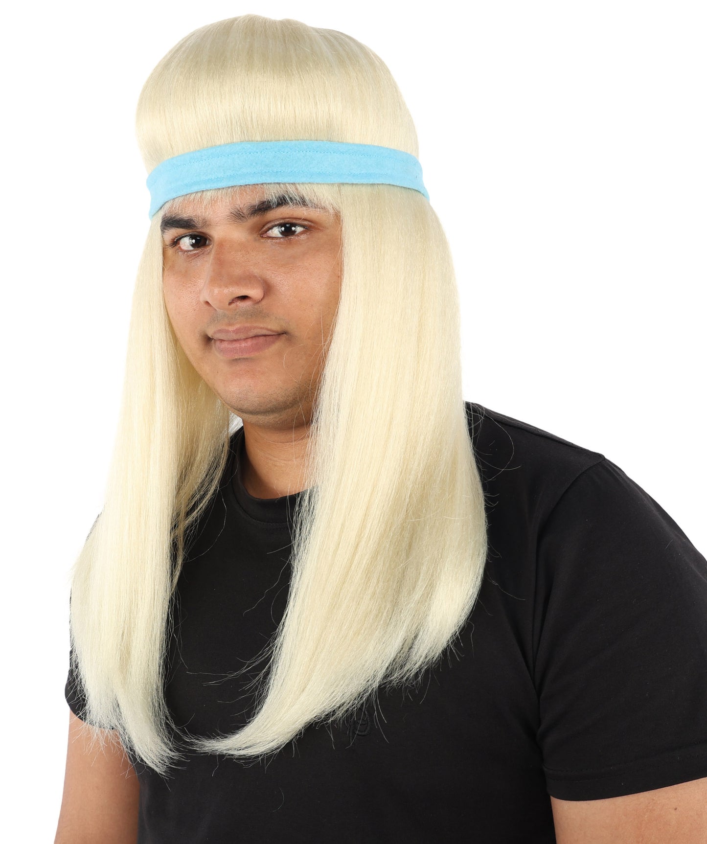 HPO Men's Long Auburn Wig with Headband | Straight Reddish Texture with Blunt Bangs & Included Teal Band, Heat Resistant Fiber | Halloween, Troll Roleplay, Fantasy Party, Carnival & Theater