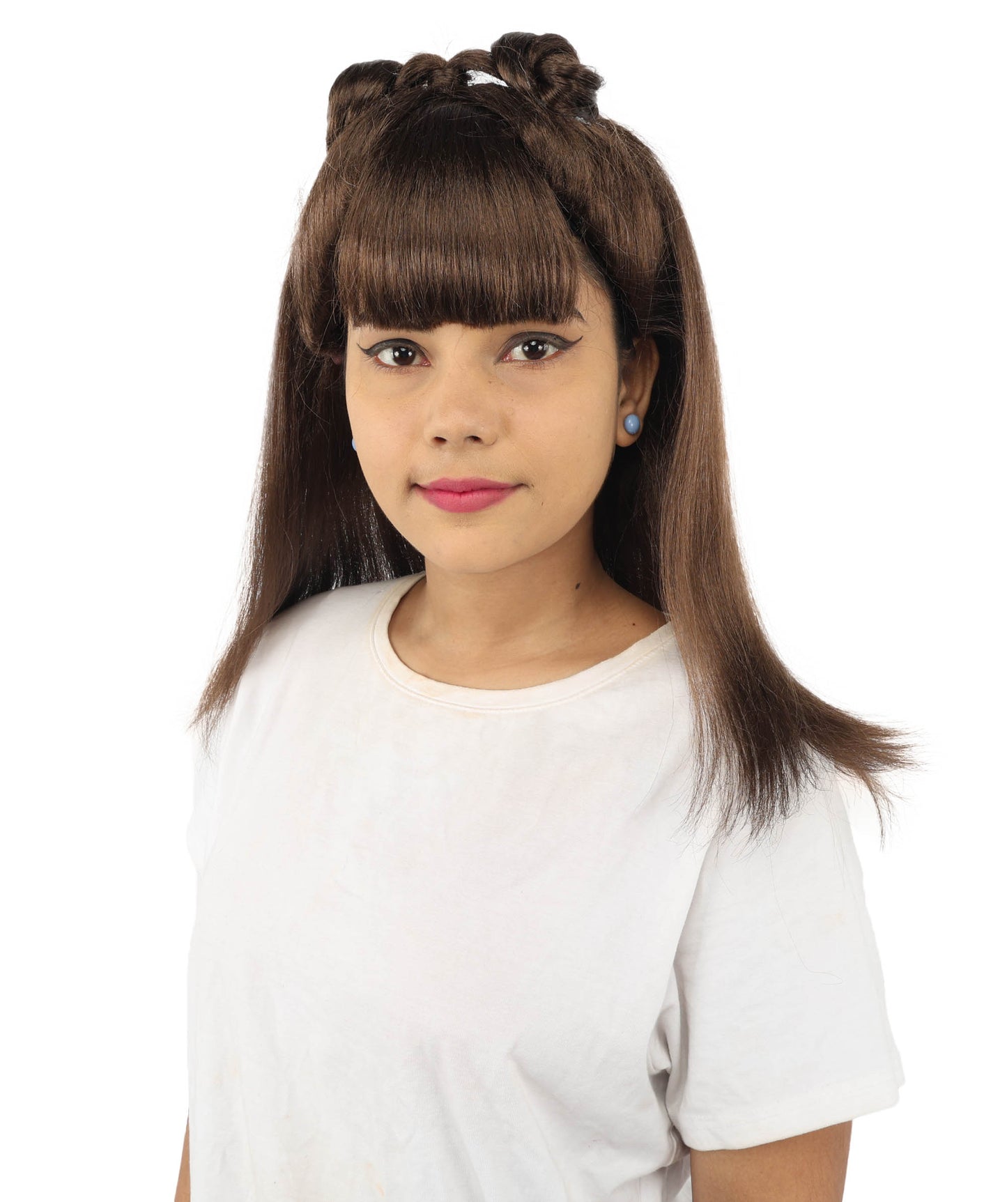 HPO Women's Brown & Pink Half Updo Bangs Wig | Create of synthetic fiber, blunt fringe with top bow, breathable base | Party, Halloween, theater, drag, performance, costume events