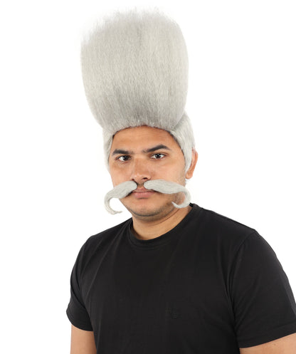 HPO Adult Men's Tall Flat Top Wig and Mustache | Vertical Dark Pompadour with Long Handlebar Facial Hair, Synthetic Fiber & Breathable Net | Halloween, Carnival, Stage Performance & Roleplay