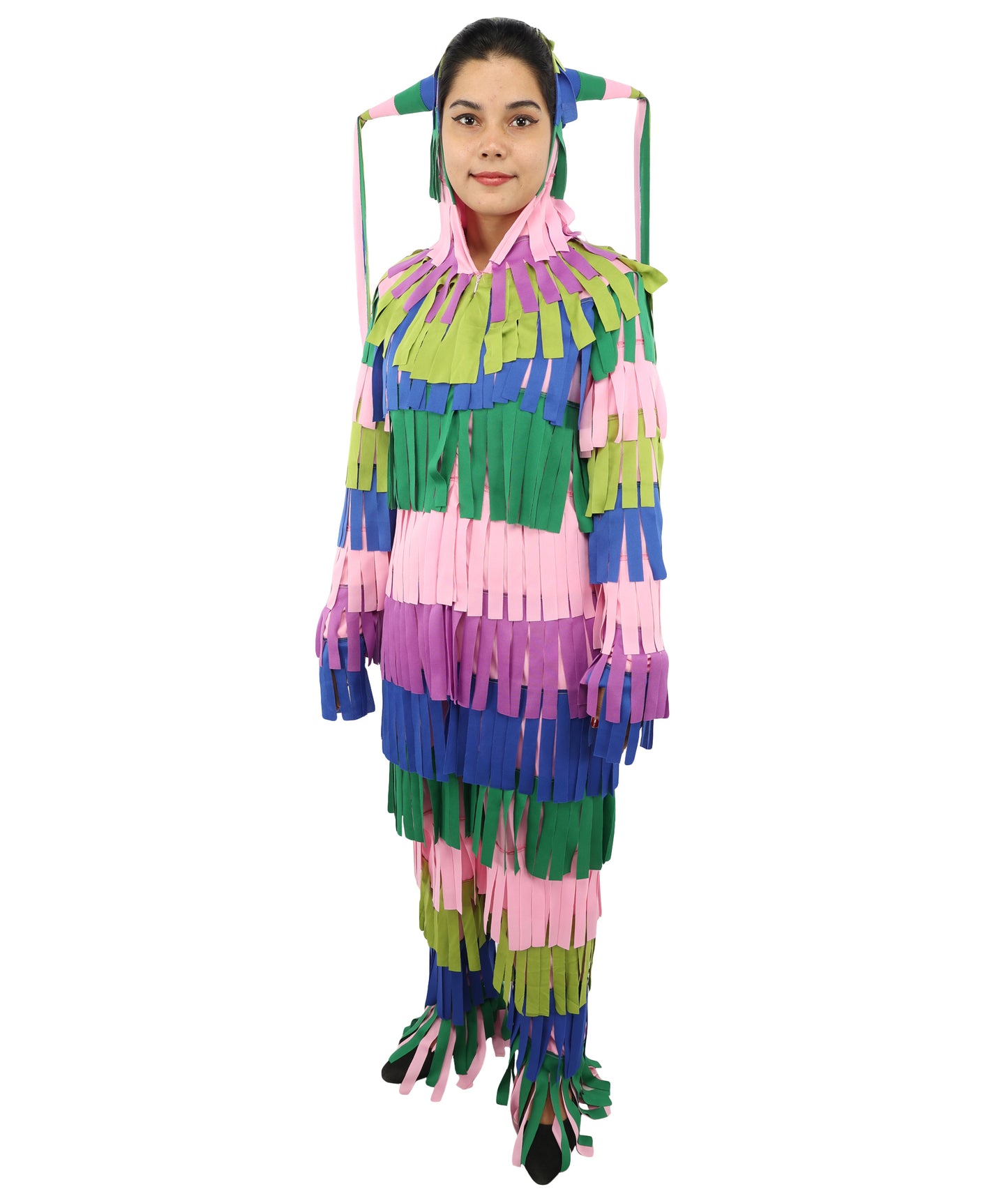 Bright Multicolored Pinata Jumpsuit Costume | Adult Funny Striped One-Piece with Fringe Details | Playful Outfit for Halloween, Cosplay, Parties & Festivals