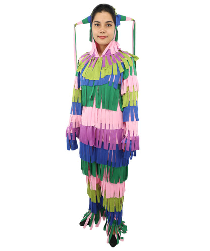 Bright Multicolored Pinata Jumpsuit Costume | Adult Funny Striped One-Piece with Fringe Details | Playful Outfit for Halloween, Cosplay, Parties & Festivals