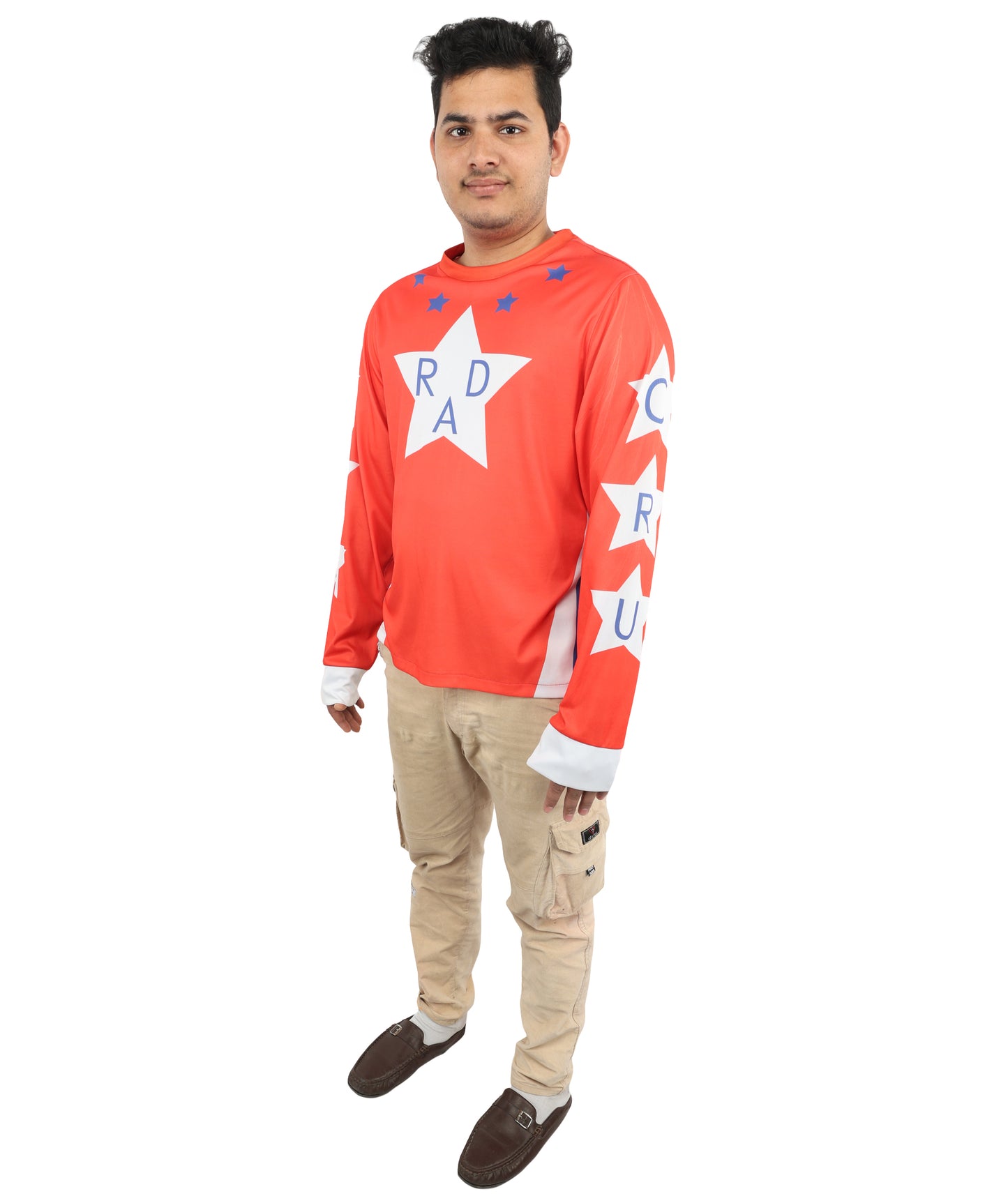 HPO Men's Vintage Stunt Biker Red Costume | Long Sleeve Jersey Knit with Bold Chest Logo | Versatile for Costume Parties, Stage Shows, and Retro Sports Themed Events