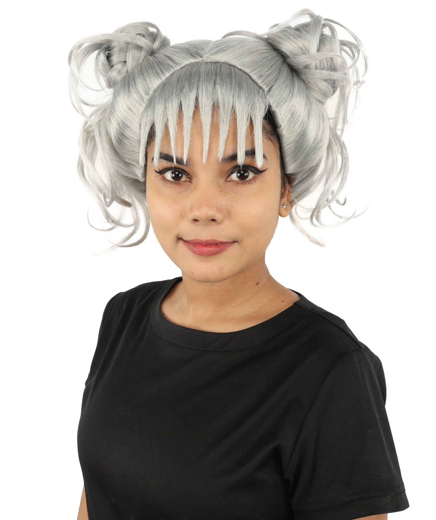 HPO Adult Women’s Messy Twin Bun Wig with Graphic Bangs | Multiple Color Options | Edgy Wig for Cosplay, Fashion Events, Halloween & Stage Wear | Adjustable Cap, Lightweight Synthetic Fiber