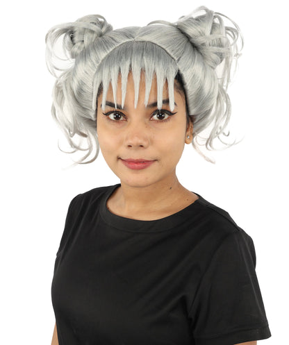HPO Adult Women’s Messy Twin Bun Wig with Graphic Bangs | Multiple Color Options | Edgy Wig for Cosplay, Fashion Events, Halloween & Stage Wear | Adjustable Cap, Lightweight Synthetic Fiber