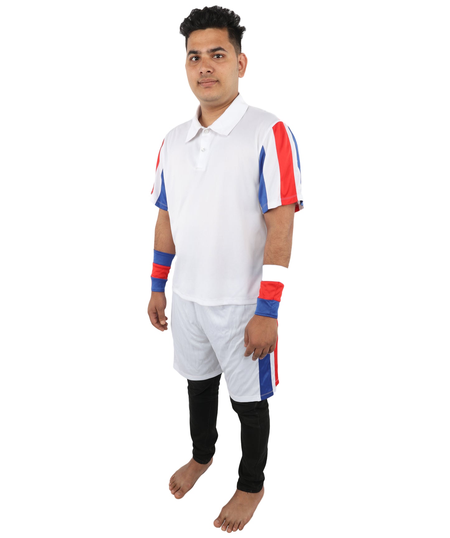HPO Men's Retro Court Athlete Costume | White Polo and Shorts Set with Striped Accents | Ideal for Halloween, Theater, Drag, and 80s Sports Events