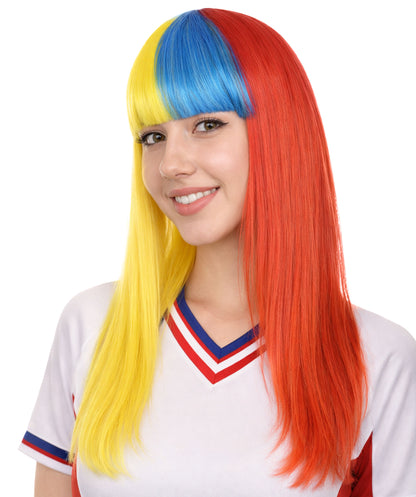 Colombia Flag Sport Party Long Bob Wig | Patriotic Character Halloween Wig | Premium Breathable Capless Cap