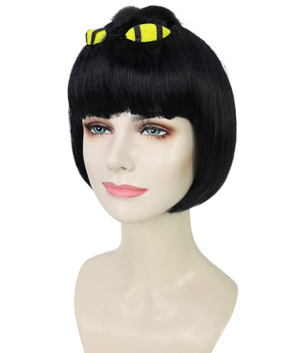 HPO Adult Women's Short Black Straight Anime Wig | Game-Inspired Character Wig with Crown & Blunt Bangs | Ideal Synthetic Hair for Cosplay, Costume & Conventions
