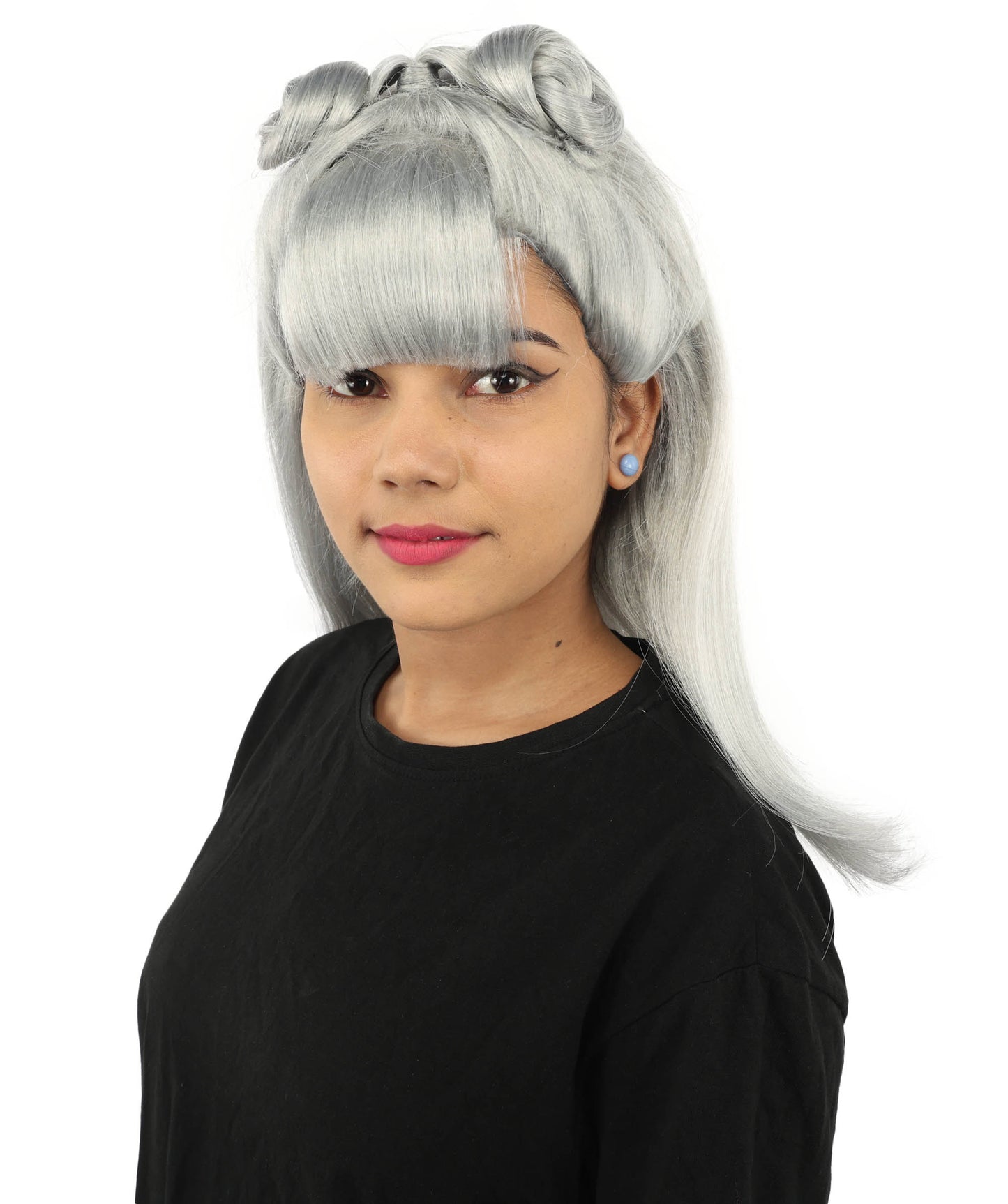 HPO Women's Brown & Pink Half Updo Bangs Wig | Create of synthetic fiber, blunt fringe with top bow, breathable base | Party, Halloween, theater, drag, performance, costume events