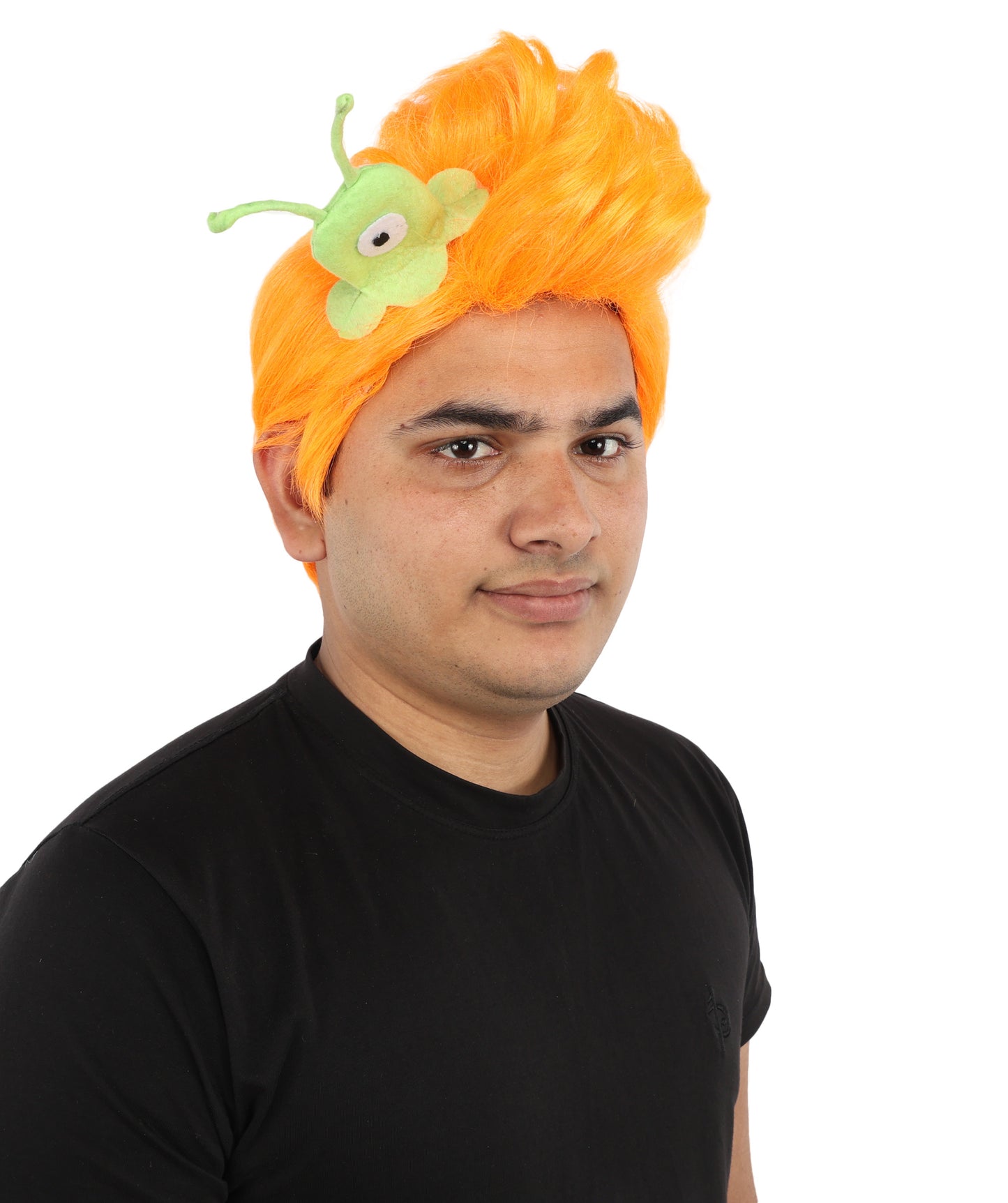 HPO Men's Brain Slug Orange Wig | Medium Spiked Synthetic Hair with Attached Green Alien Plush and Messy Texture | Sci-Fi Cosplay, Halloween, Cartoon Theme Party, and Funny Costume Accessories