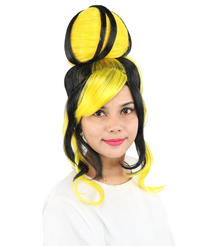 HPO Women's Two Tone High Bun Wig | Black and yellow synthetic fibers with tall structural top knot sweeping side bangs and capless base | Essential for theatrical stage drag performance costume events and party