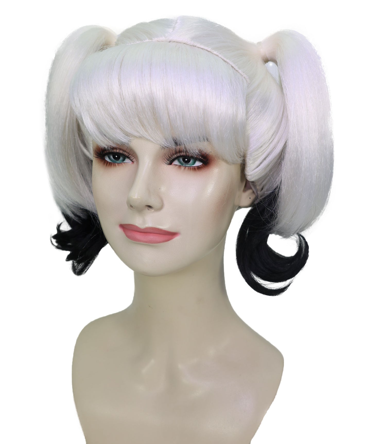HPO Adult Women’s Black and White Pigtail Wig | Split Color Curly Hairpiece with Bangs | Ideal for Halloween, Cosplay, and Fancy Dress Wig