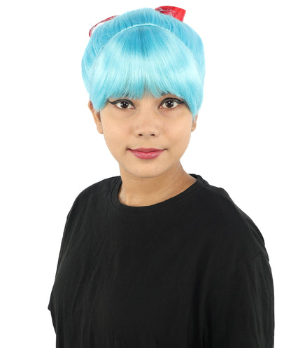 HPO Women's Spiral Ponytail Wig | Multicolor Options | High Updo with Red Ribbon Bow & Bangs, Heat Friendly Synthetic Fiber & Breathable Cap | Halloween, Christmas Event, Themed Party, Theater & Roleplay