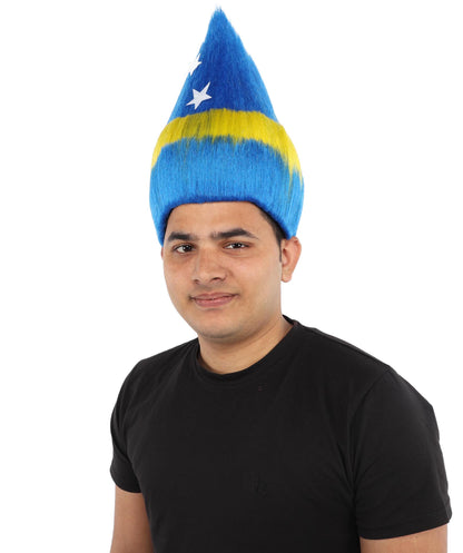 HPO Unisex Curacao Flag Multicolor Troll Wig | 15 Inch Upright Spiked Texture Breathable Fit | Sports Event National Holiday Parade Soccer Match Fan Gear