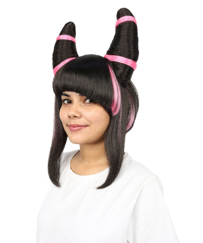 HPO Women’s Twin Bun Cosplay Wig | Black With Pink Spiky Hairpiece with Styled Double Buns | Synthetic Fibers with Adjustable Cap for Parties & Stage