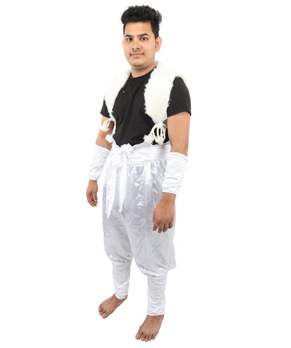 HPO Men's Anime Fighter Roleplay Suit | Crisp white satin construction featuring pants, dress, belt, and hand socks | Ideal for party, Halloween, cosplay, theater, drag, performance, costume events