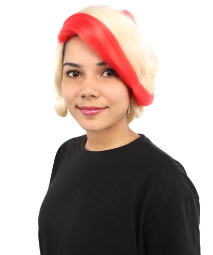 HPO Women's Vibrant Red & Blonde Character Wig | Extra Long Synthetic Hair with Layered Bangs | Adjustable Breathable Cap for Cosplay, Halloween & Stage