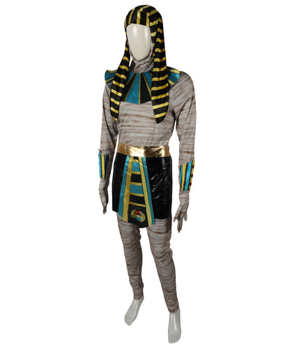 HPO Adult Men’s Mummy King Costume Set | Ancient Wrap Robes with Gold Accents & Regal Headpiece | Adjustable Fit | For Halloween & Egyptian-Themed Events