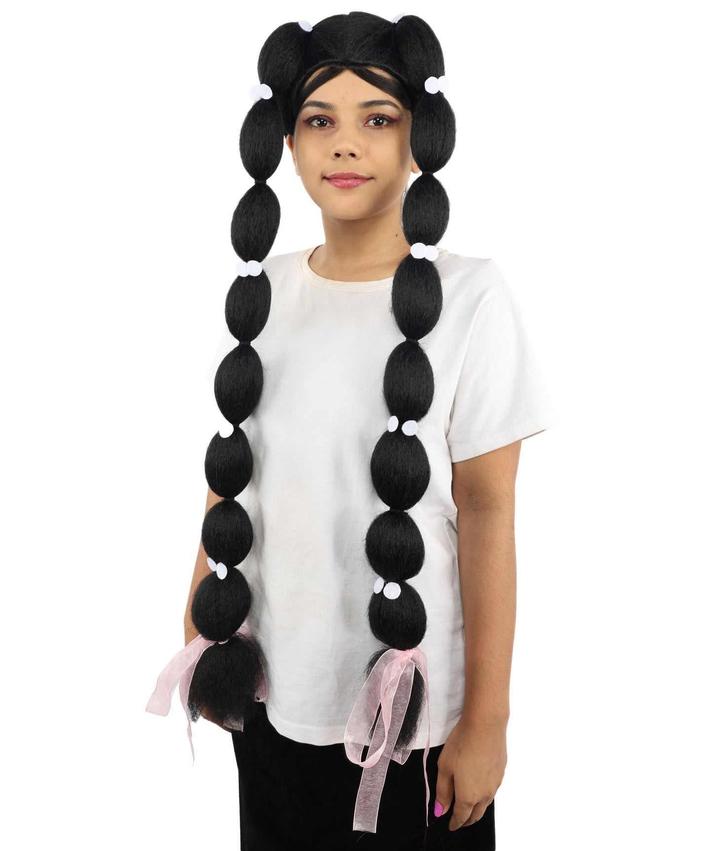 Adult Women's Celebrity-Inspired Black Triple Braid Wig | Extra Long Braided Hairpiece with Clips & Ribbons | Ideal for Styled Looks, Halloween and Cosplay