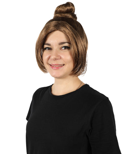 HPO Women’s Gothic Victorian-Style Brown Wig with Messy Bun and Curtain Bangs | Vintage-Inspired Character Wig | Suitable for Cosplay, Halloween, Theater & Costume Events