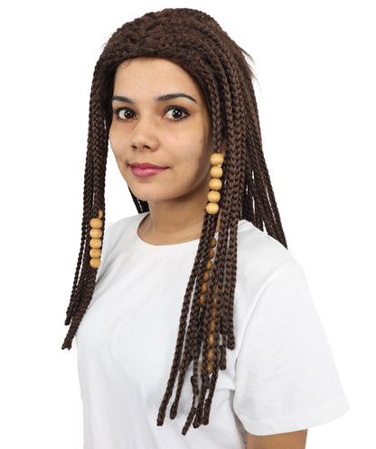 HPO Women's Fantasy Tribal Warrior Wig with Braids & Beads | Long Brown Synthetic Hairpiece with Adjustable Cap for Cosplay, Halloween & Roleplay