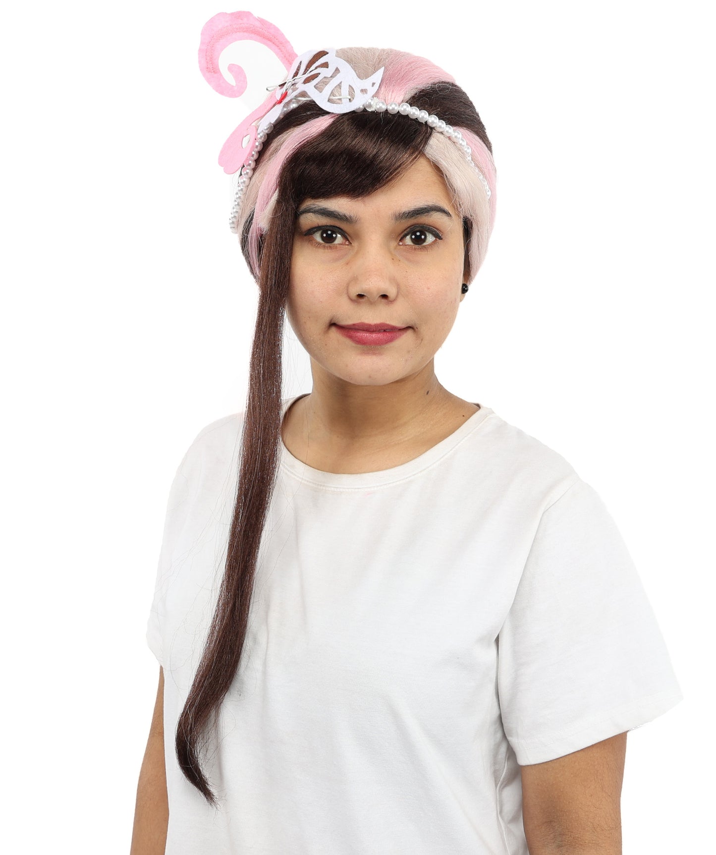 HPO Princess Style Fantasy Ponytail Wig with Feather Crown – Long 23 Inch Dual-Tone Brown & Pink Waves | Ideal for Cosplay, Parties & Halloween