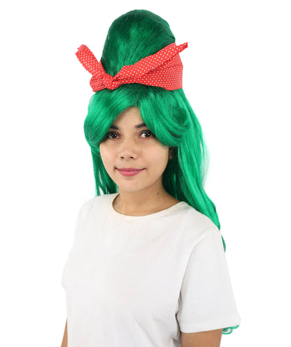 HPO Women’s Retro Beehive Wig with Red Bow | Multicolor Options | Extra Long Wavy Fancy Dress Accessory | Fancy Dress Accessory | Celebrity-Inspired Hair for Halloween, Cosplay & Music Tribute Parties