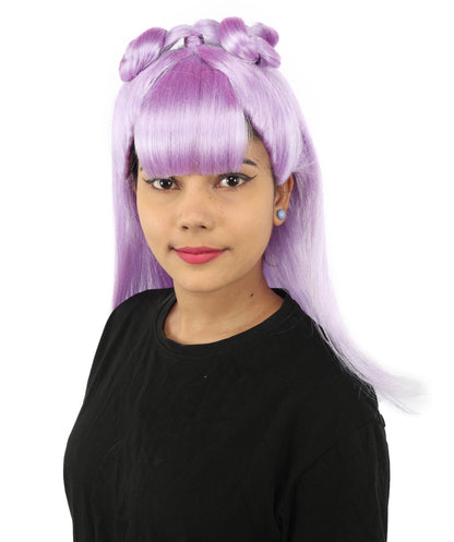 HPO Women's Brown & Pink Half Updo Bangs Wig | Create of synthetic fiber, blunt fringe with top bow, breathable base | Party, Halloween, theater, drag, performance, costume events