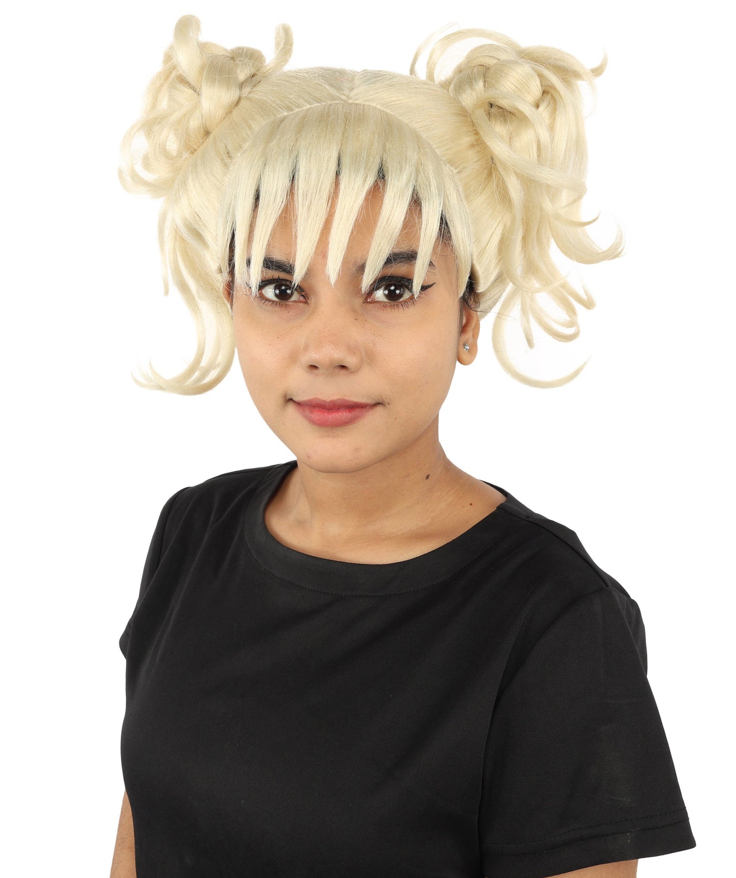 HPO Adult Women’s Messy Twin Bun Wig with Graphic Bangs | Multiple Color Options | Edgy Wig for Cosplay, Fashion Events, Halloween & Stage Wear | Adjustable Cap, Lightweight Synthetic Fiber