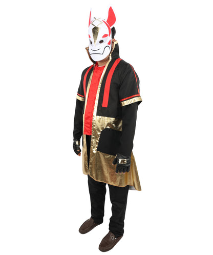 HPO Men's Neon Fox Streetwear Outfit | Multi-Layered Gold Satin and Ronior Fabric with Fox Mask and Gloves | Ideal for Cosplay, Halloween, Drag, and Urban Theater Performances