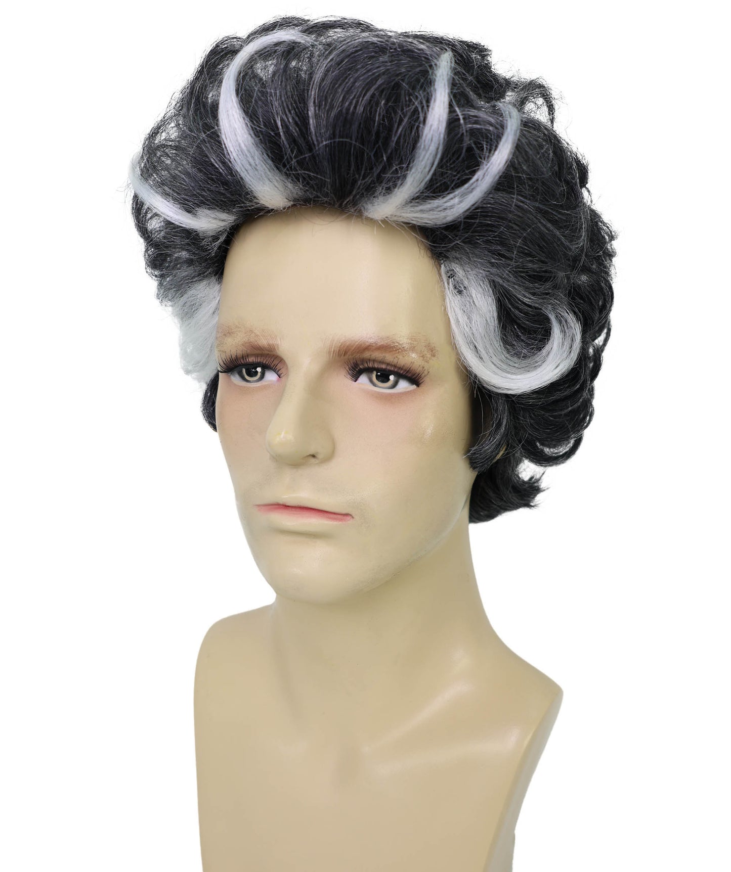 HPO Adult Men's Grey Short Wavy Wig with Highlights | Salt and Pepper Hair Wig for Halloween themed Party | Flame-retardant Synthetic Fiber