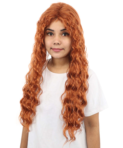 HPO Women's Long Deep Wave Wig | 28 Inch Copper Red Crimped Texture Synthetic Fiber | Party Halloween Cosplay Theater Drag Performance Costume Events