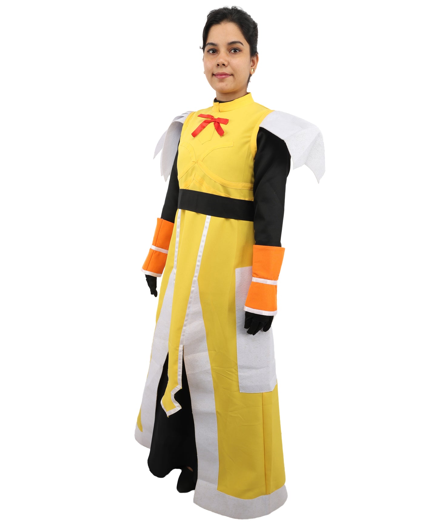HPO Fantasy Warrior Dress Suit | Yellow and black uniform nw construction featuring a main body dress, hand gloves, and structured belt | Ideal for party, Halloween, cosplay, theater, drag, performance, costume events
