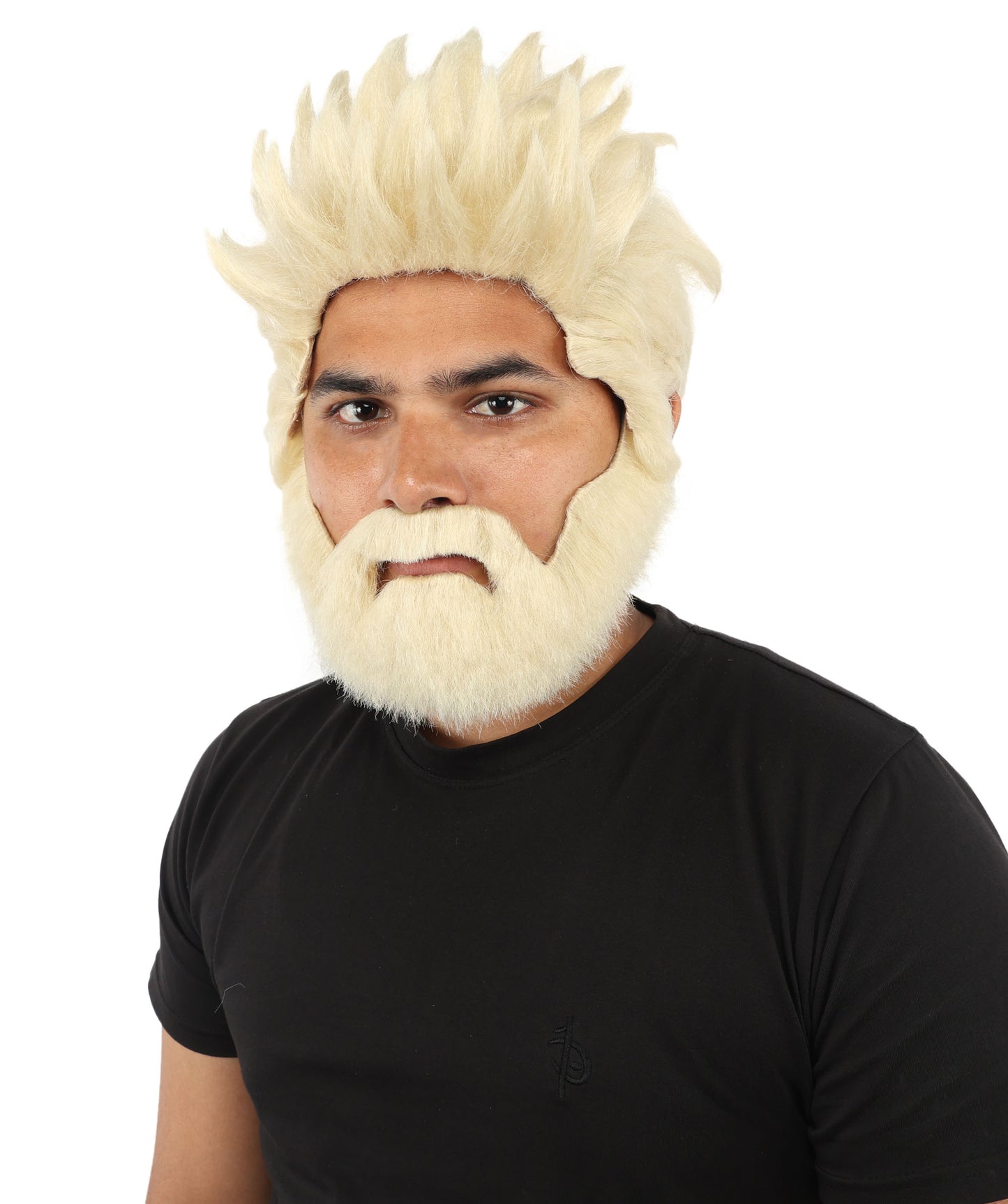 HPO Men’s Animated Genius Spiky Wig Beard & Mustache Set  – Wild Mad Scientist Pointed Beard & Curled Mustache Combo | Ideal for Animated Cosplay, Halloween Parties & Events