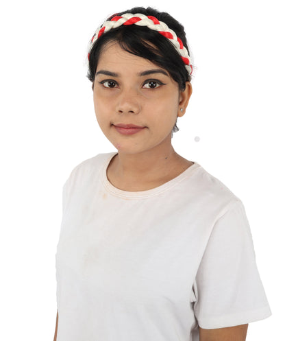 HPO Women's International Braided Headband | Textured red and white synthetic fibers woven into a twisted headband with an elastic back | Ideal for party, Halloween, cosplay, theater, drag, performance, costume events