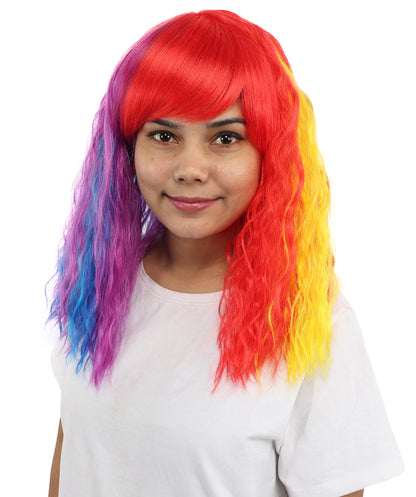 HPO Women’s 17 Inch Curly Rainbow Wig with Side Bangs—Colorful Long Hairpiece with breathable Capless Cap | Ideal for Halloween, Cosplay, Pride and Drag Shows