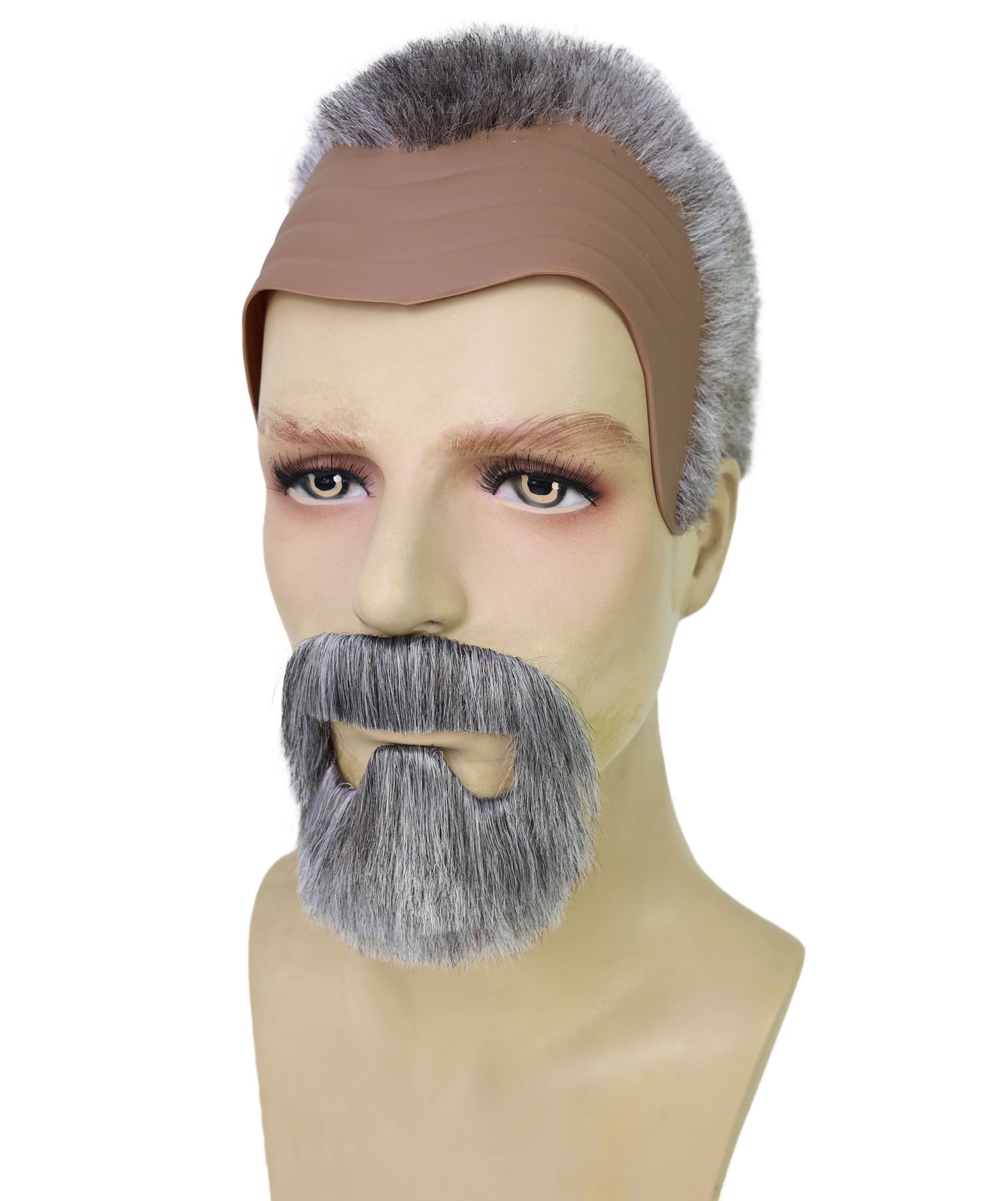 HPO Men’s Roman Emperor Macrinus White and Brown Wig and Mustache & Beard Set | Short Curly Dark Historical Hairpiece | Synthetic Fiber, Breathable Cap for Theater, Halloween