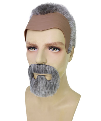 HPO Men’s Roman Emperor Macrinus White and Brown Wig and Mustache & Beard Set | Short Curly Dark Historical Hairpiece | Synthetic Fiber, Breathable Cap for Theater, Halloween