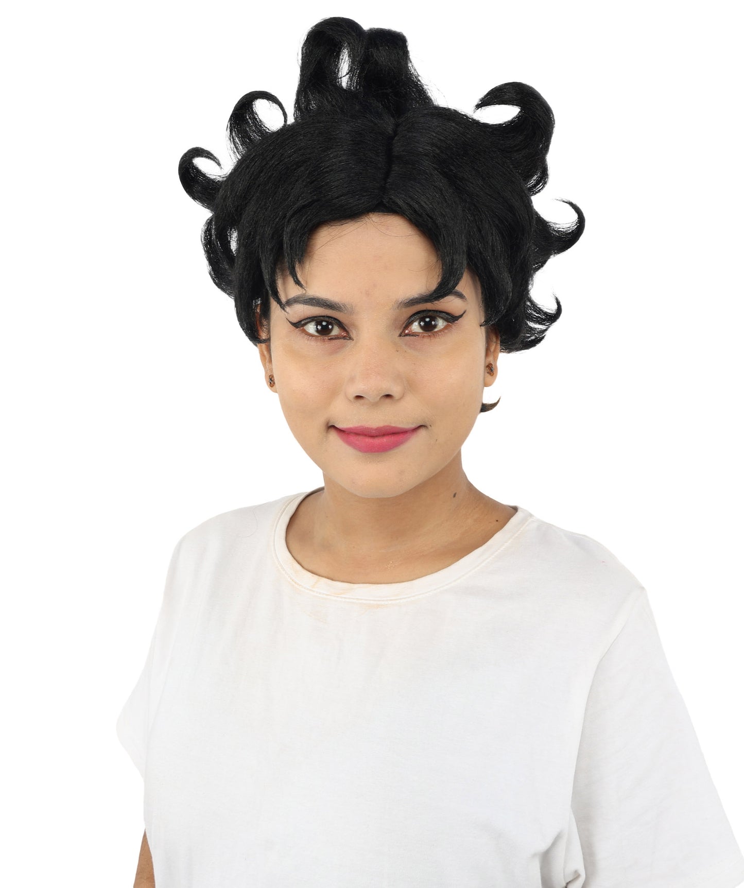 HPO Women's Vintage Pinup Curl Wig | Black synthetic fibers with structured ringlet loops and capless construction | Essential for theatrical stage Halloween drag performance and costume events