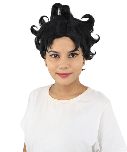 HPO Women's Vintage Pinup Curl Wig | Black synthetic fibers with structured ringlet loops and capless construction | Essential for theatrical stage Halloween drag performance and costume events