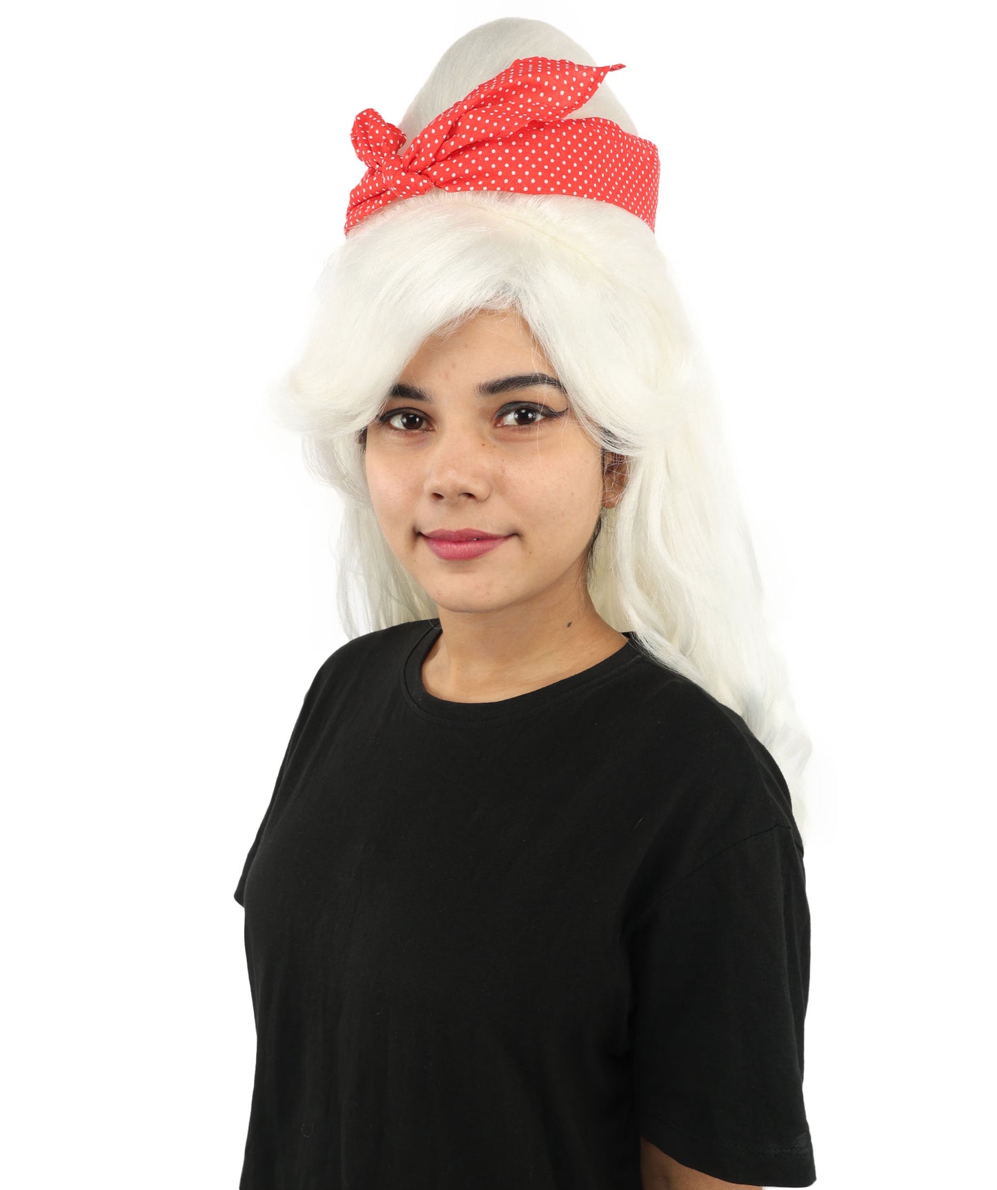 HPO Women’s Retro Beehive Wig with Red Bow | Multicolor Options | Extra Long Wavy Fancy Dress Accessory | Fancy Dress Accessory | Celebrity-Inspired Hair for Halloween, Cosplay & Music Tribute Parties