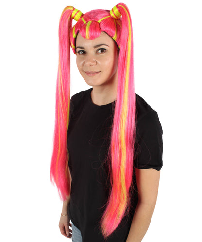 HPO Women's Long Red Pigtail Wig | Perfect for Halloween | Flame-retardant Synthetic Fiber