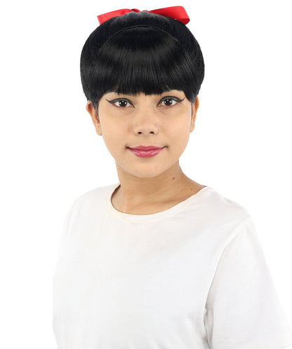 HPO Women's Spiral Ponytail Wig | Multicolor Options | High Updo with Red Ribbon Bow & Bangs, Heat Friendly Synthetic Fiber & Breathable Cap | Halloween, Christmas Event, Themed Party, Theater & Roleplay