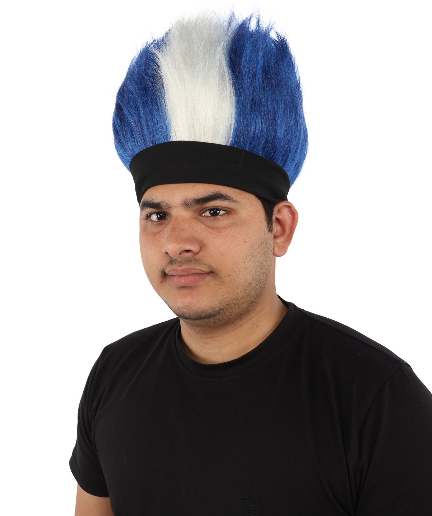 HPO Men's Navy Blue and White Mohawk Wig | Spiky Upright Flame-retardant Synthetic Fiber Headband Design | Halloween Themed Party Football Fan Gear