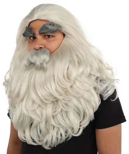 HPO Men's Long Prophet Grey Wig Mustache Beard & Eyebrow Set | Flame-Retardant Synthetic Fiber With Capless Cap | Ideal For Theater, Halloween And Cosplay
